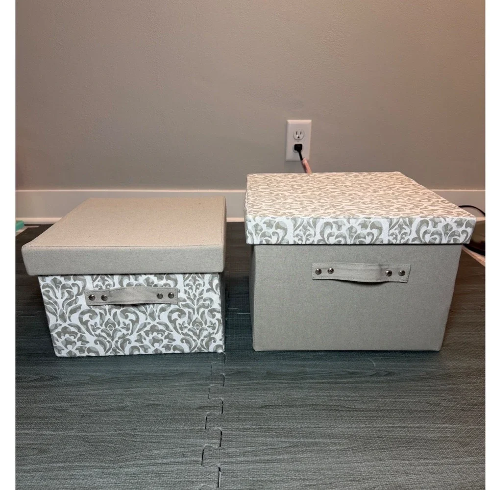 Set of 2 Damask Fabric Storage Bins with Lids Gray Canvas Organizers